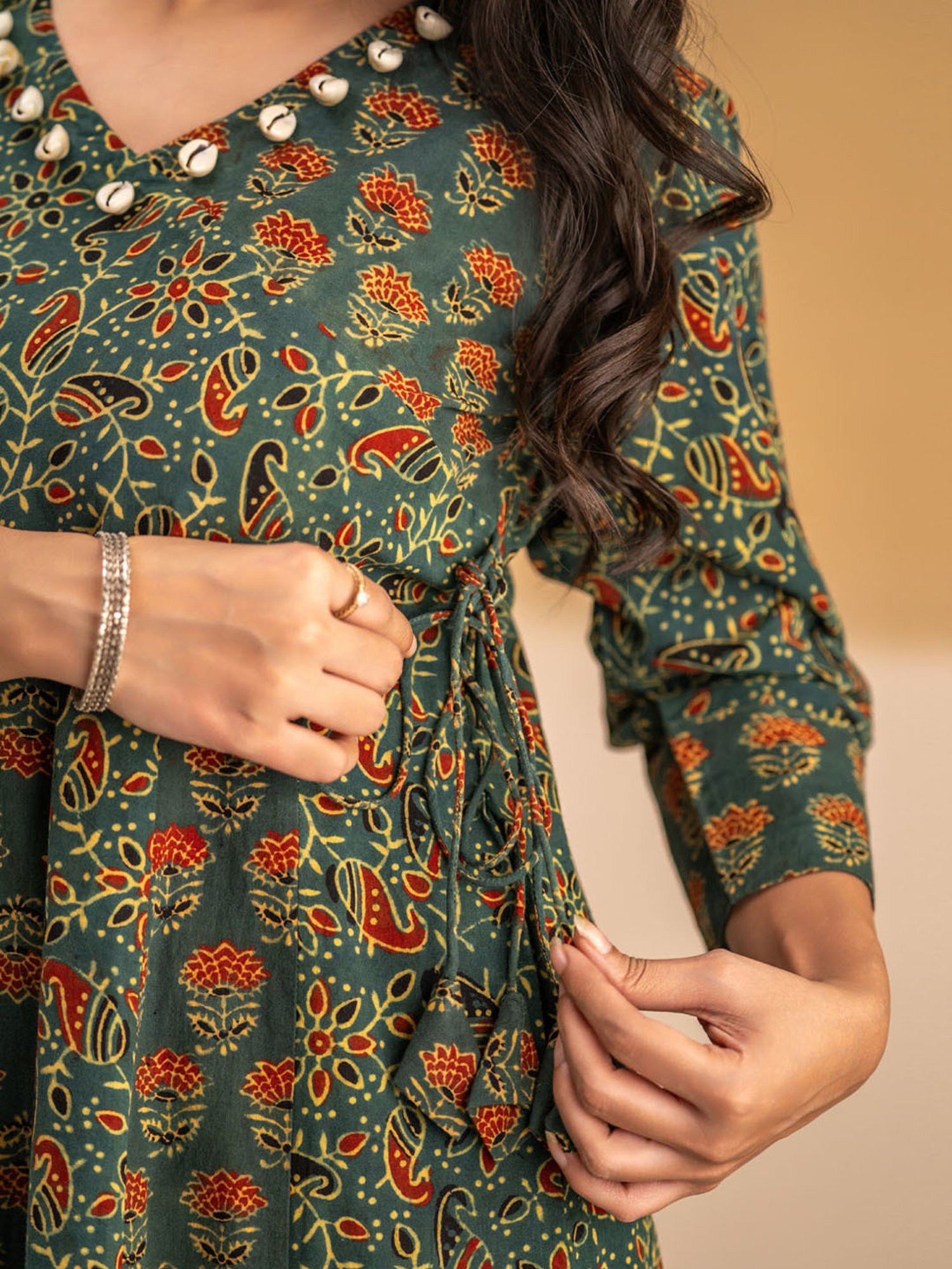 Love Chic Ajrakh Anarkali Kurta with cowrie shells