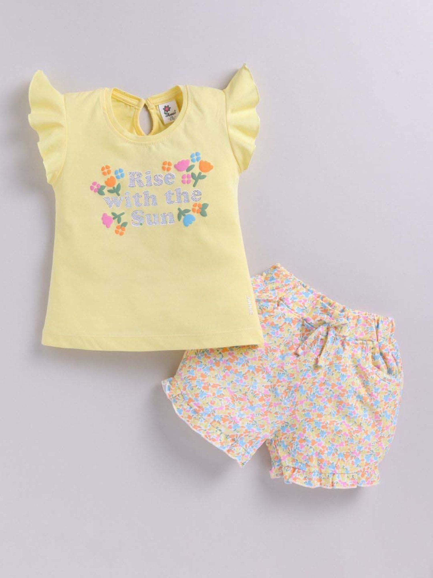 ANNIE Girls Yellow Cotton Printed Top & Short sets