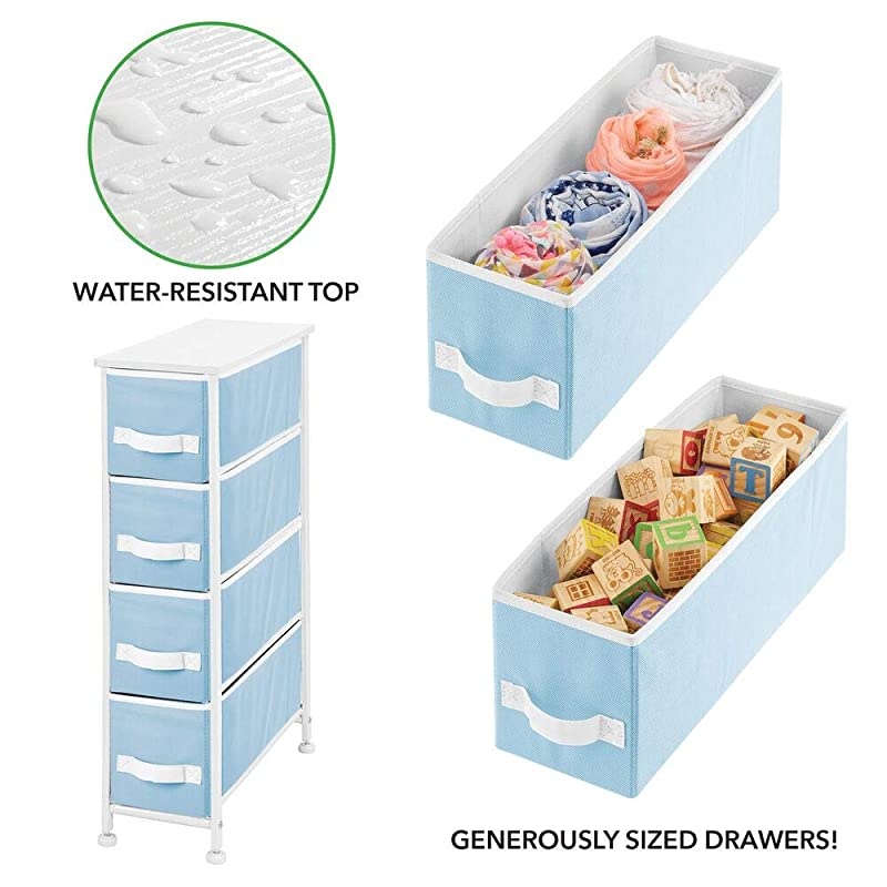 Narrow Vertical Dresser Storage Tower - Sturdy Metal Frame, Wood Top, Easy Pull Fabric Bins - Organizer Unit for Bedroom, Hallway, Entryway, Closet, 4 Drawers - Light Blue/White