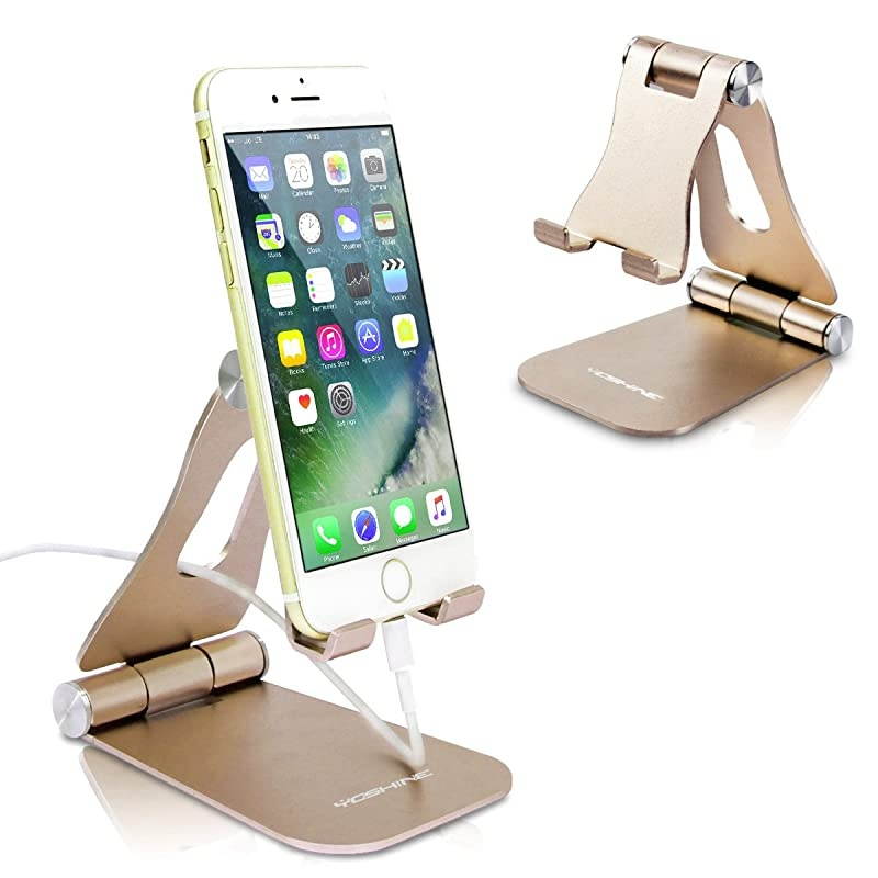 Cell Phone Stand Foldable  Aluminum Phone Holder Phone Stand and Cable Organizer for Charging Desktop Cell Phone Holder Adjustable Phone Stand Dock for iPhone iPad/Mini Samsung Tablets - Gold