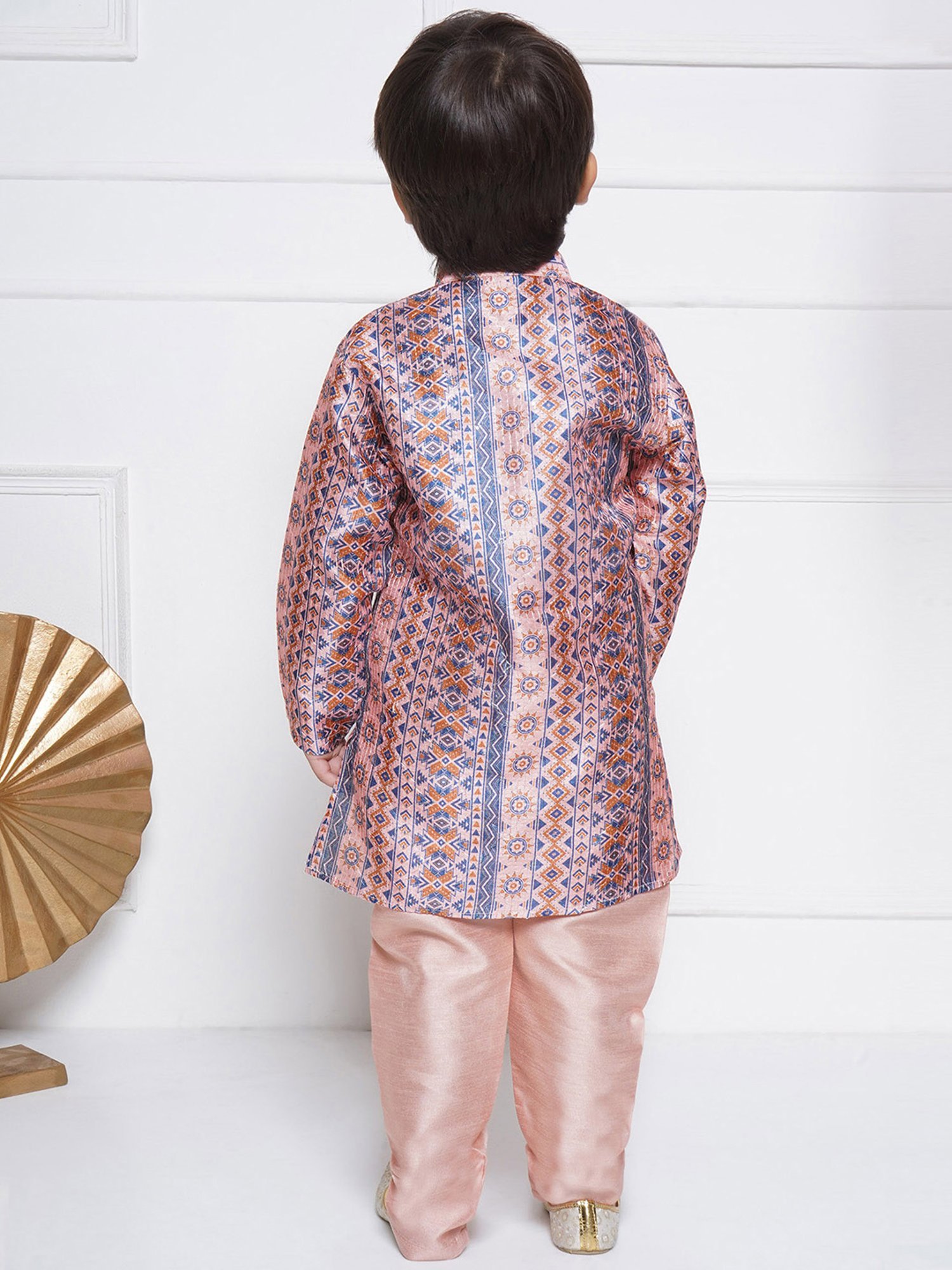 AJ Dezines Kids Peach & Blue Printed Full Sleeves Kurta with Pyjamas