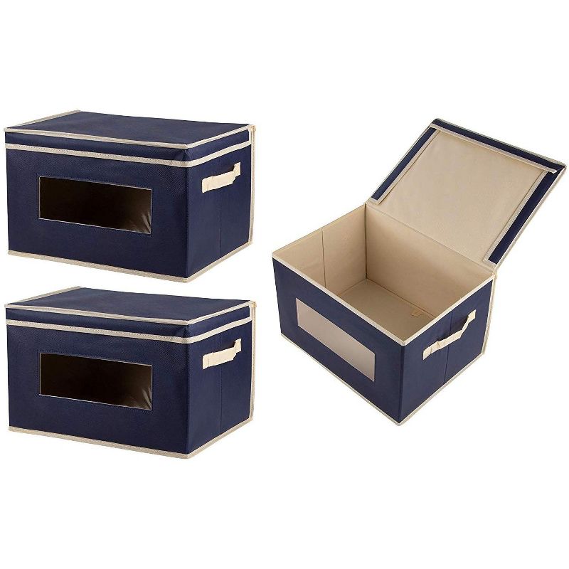 Juvale 3 Pack Collapsible Fabric Storage Bins Cubes, Decorative Foldable Boxes with Window & Lid - Navy Blue, Large, 16.25 x 12 x 10 Inches