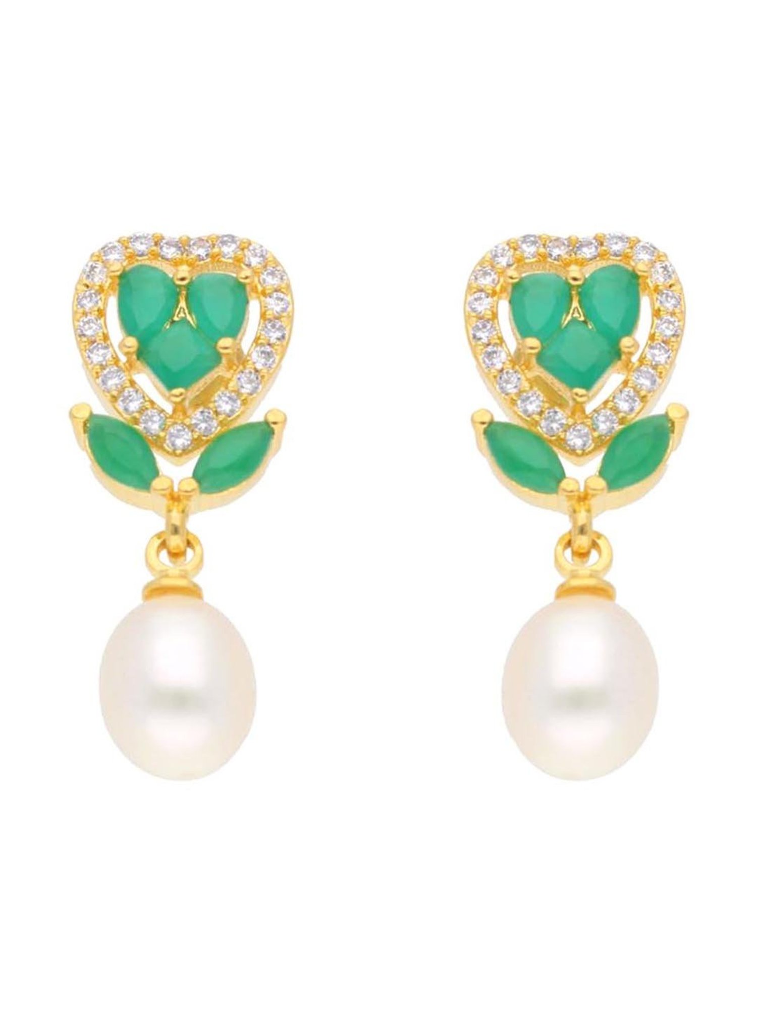 Sri Jagdamba Pearls Theertha Green & Pearl White Alloy Drop Earrings