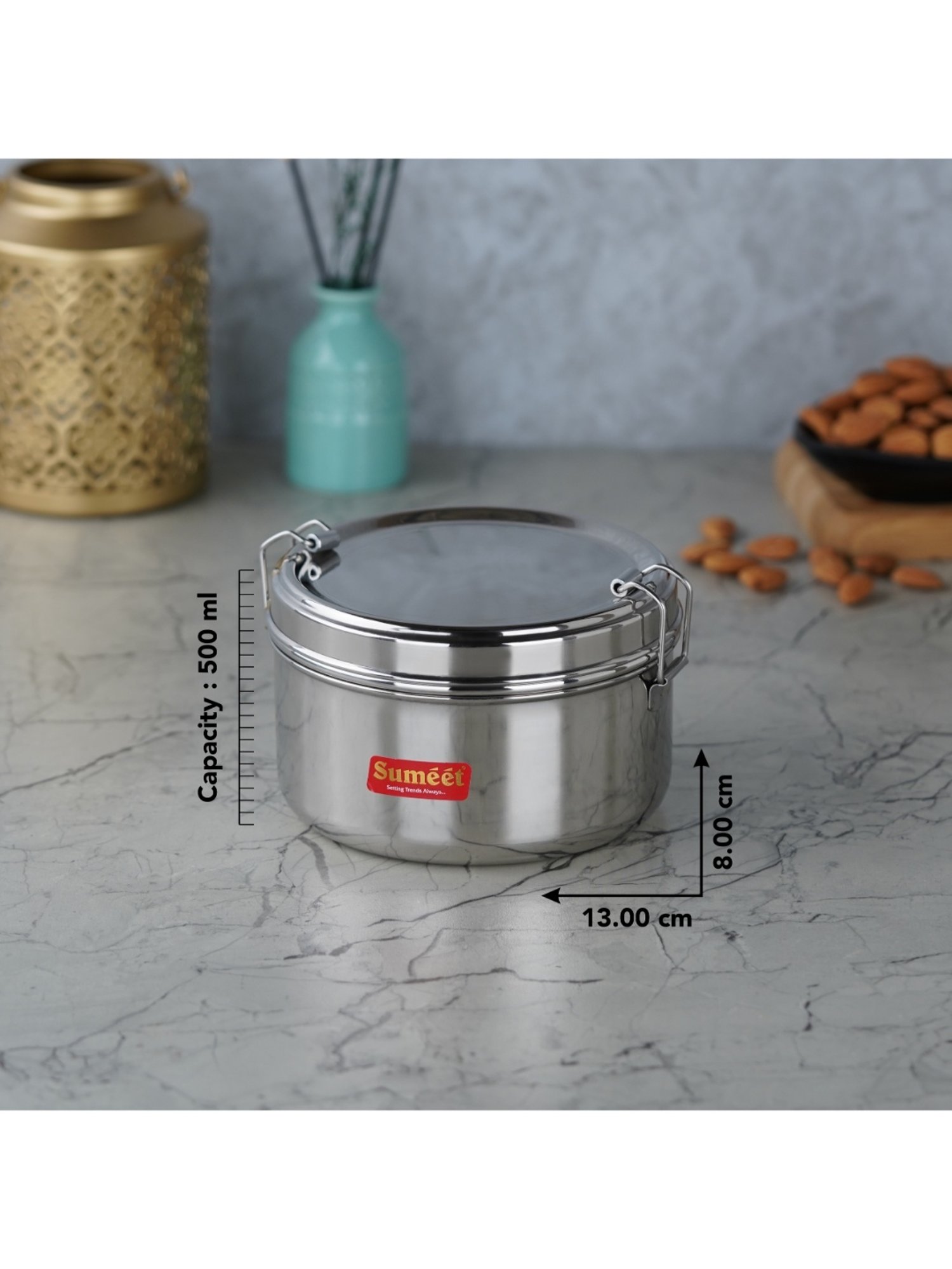 Sumeet S.S. Meal Pack Lunch Box/Tiffin with Steel Separator Plate & Locking Clip, 500ML, 13cm Dia,