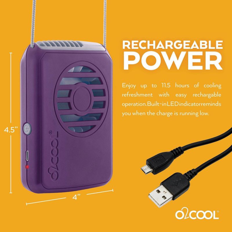 O2COOL Rechargeable Deluxe Necklace Fan with USB Cord Purple