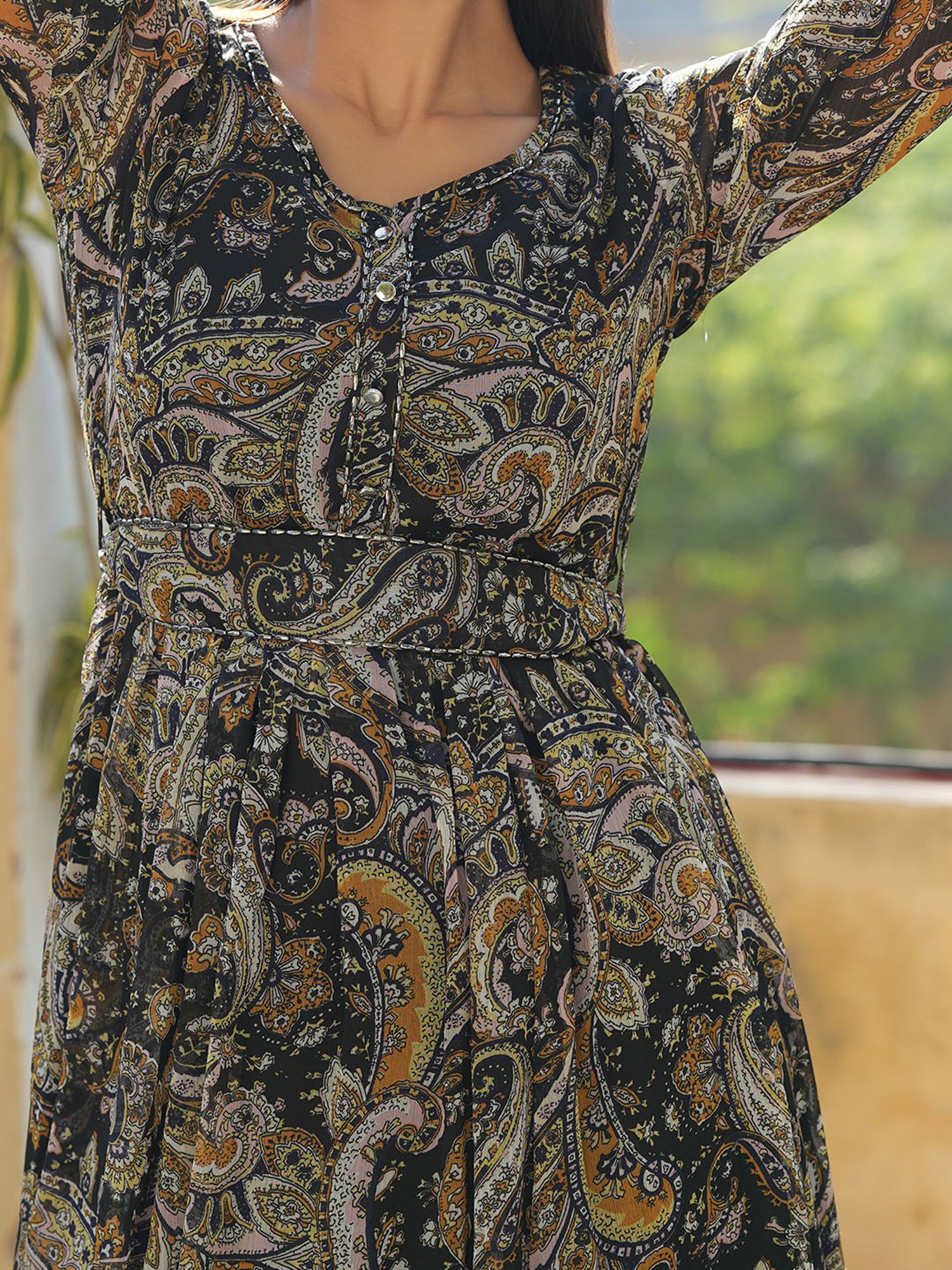Juniper Black Paisley Printed Chiffon Flared Maxi Dress With Buttons