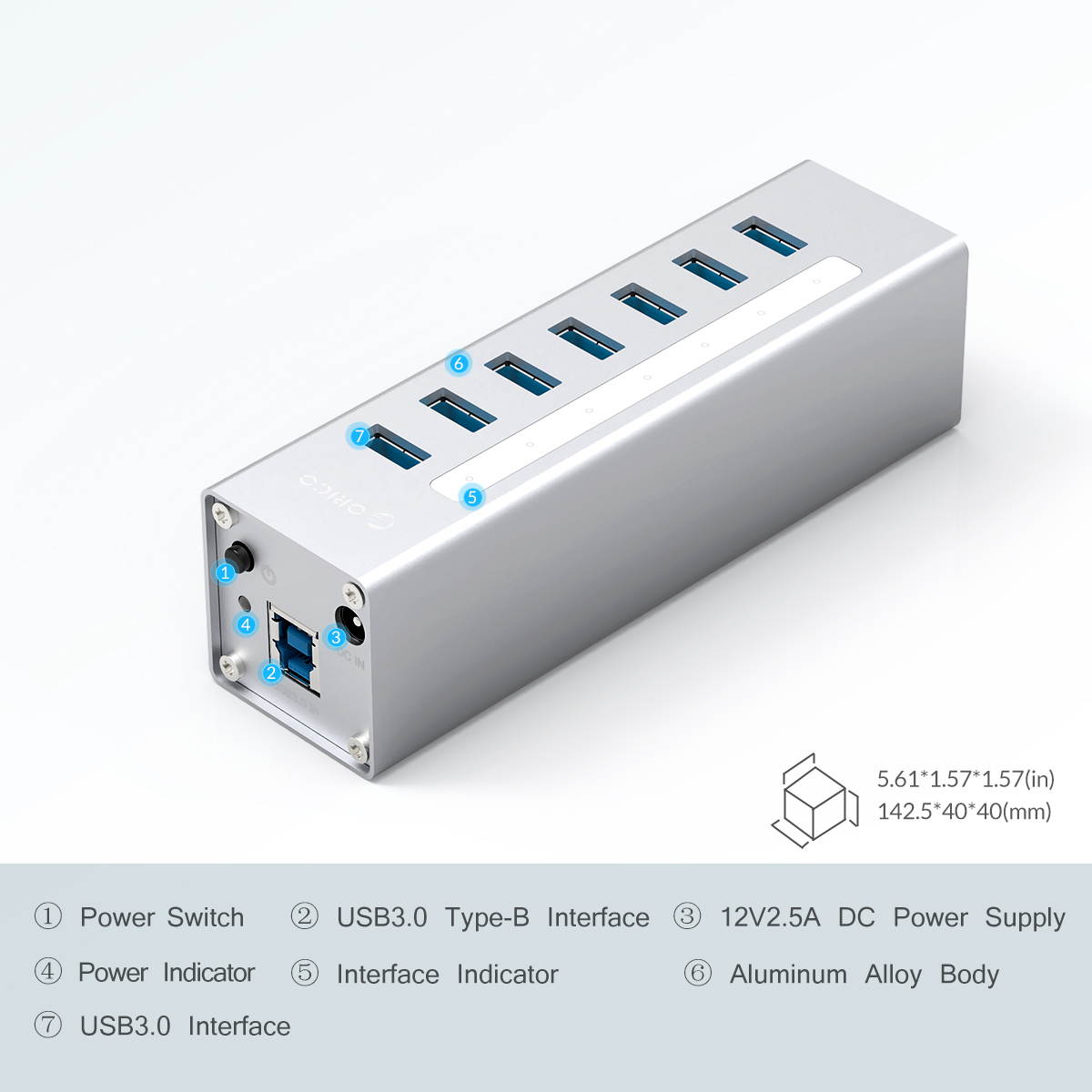 ORICO Aluminum 7 Ports USB 3.0 HUB with 3.3Ft. USB 3.0 Date Cable and 12V/2.5A Power Supply for Macbook,PC,Laptops (HUB is not a Charger,Data transfer Only)- Black (A3H7-V1-US)