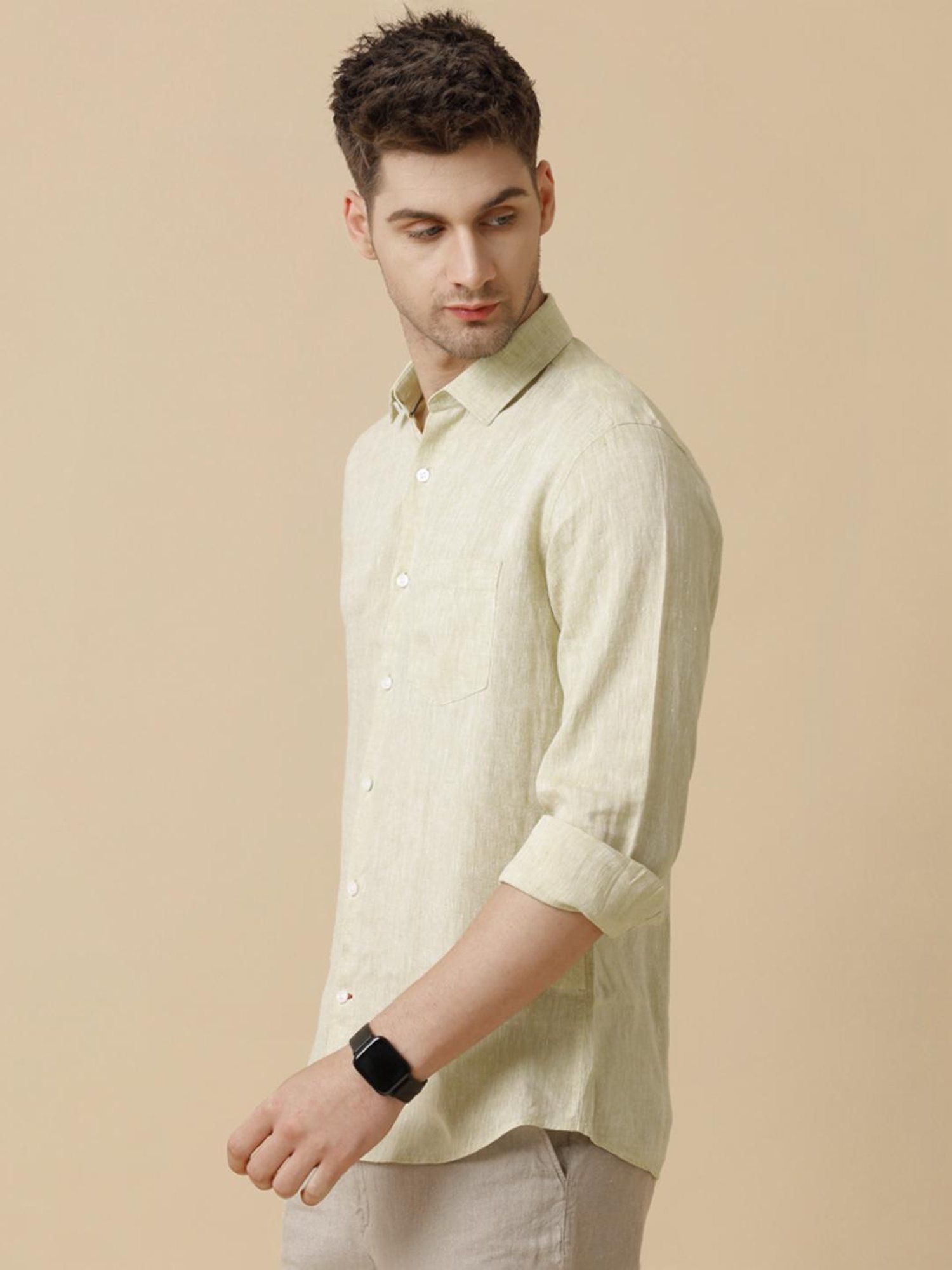 Linen Club Yellow Linen Contemporary Fit Shirt