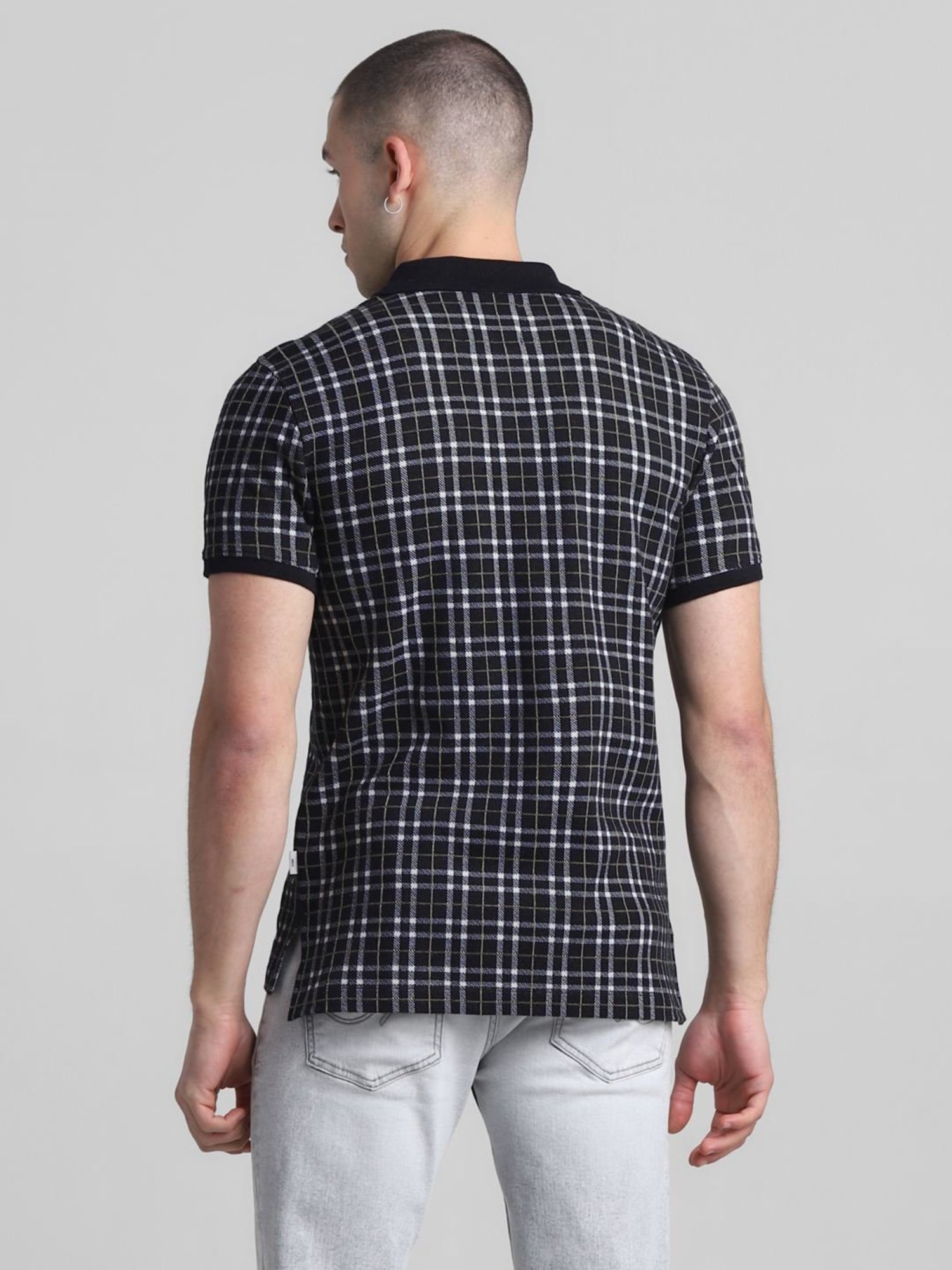 Jack & Jones Jet Black Cotton Regular Fit Checks Polo T-Shirt