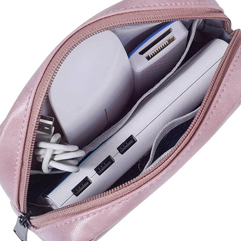 Accessories Organizer Bag Premium PU Leather Multifunctional Travel Digital Accessories Storage Bag Cable Storage Bag for Power Bank Mouse Adapter Cable Earphones Rose Powder