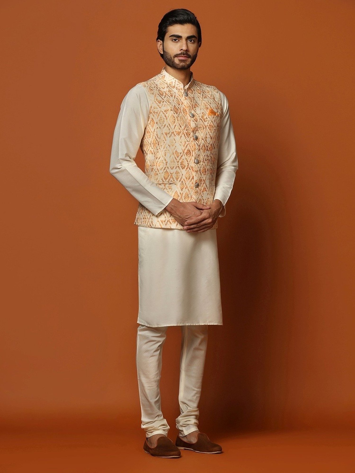 KISAH Orange Regular Fit Self Pattern Kurta Set With Jacket
