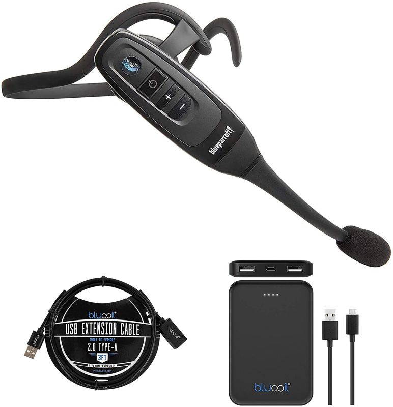 BlueParrott C400-XT Voice-Controlled Bluetooth Headset with 96% Noise Canceling Microphone for iOS and Android Bundle with Blucoil 5000mAh Portable Power Bank, and 3-FT USB 2.0 Type-A Extension Cable