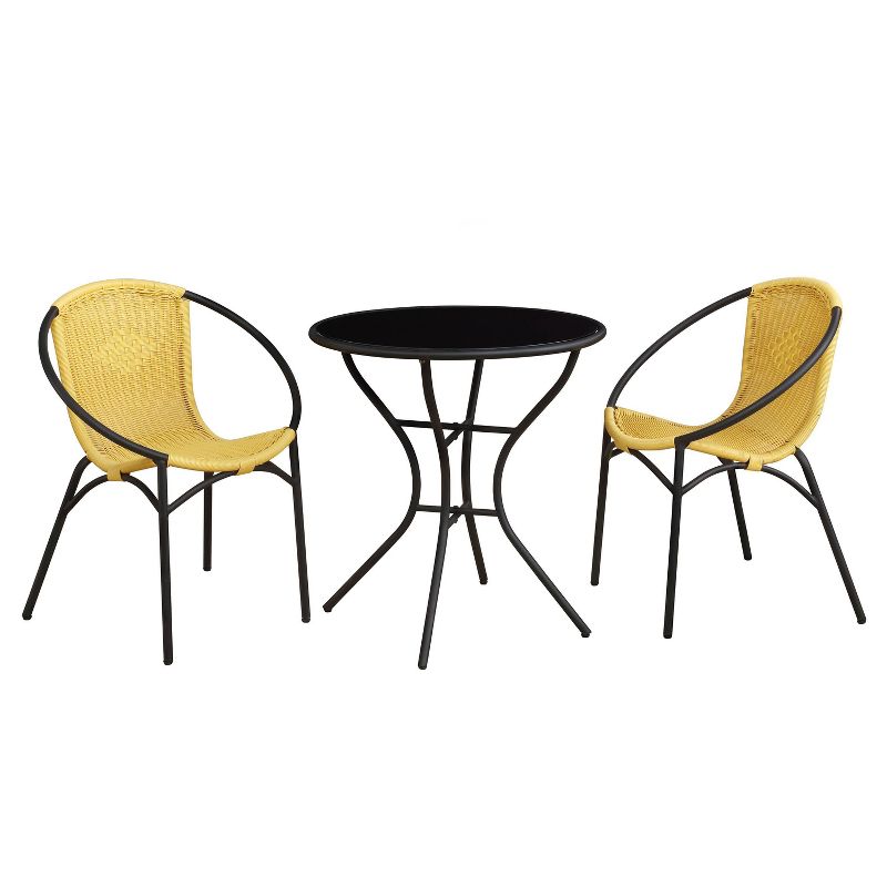 3pc Soleil Outdoor Bistro Set with 2 Papasan Chairs & Table - Black/Yellow - Alaterre Furniture
