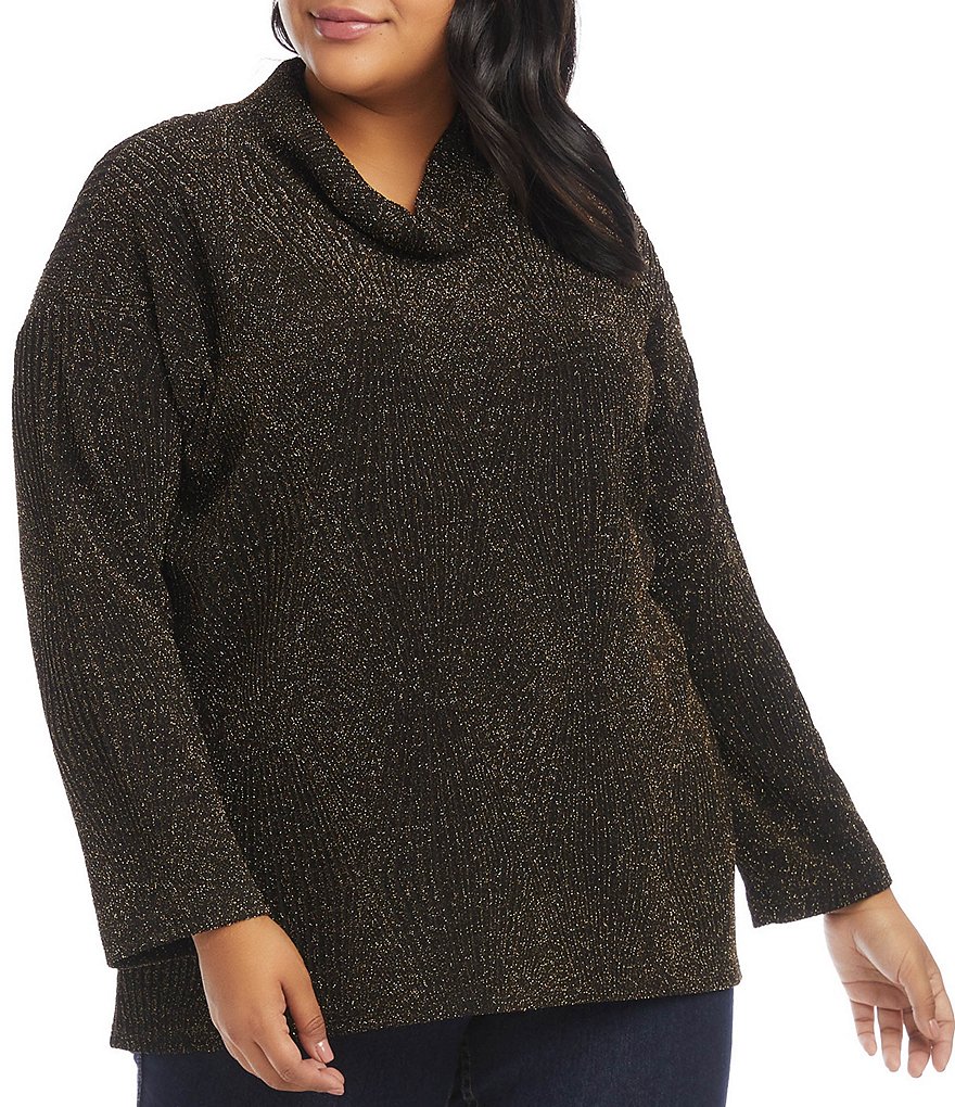 Karen Kane Plus Size Shimmering Metallic Cozy Cowl Neck Long Sleeve Top