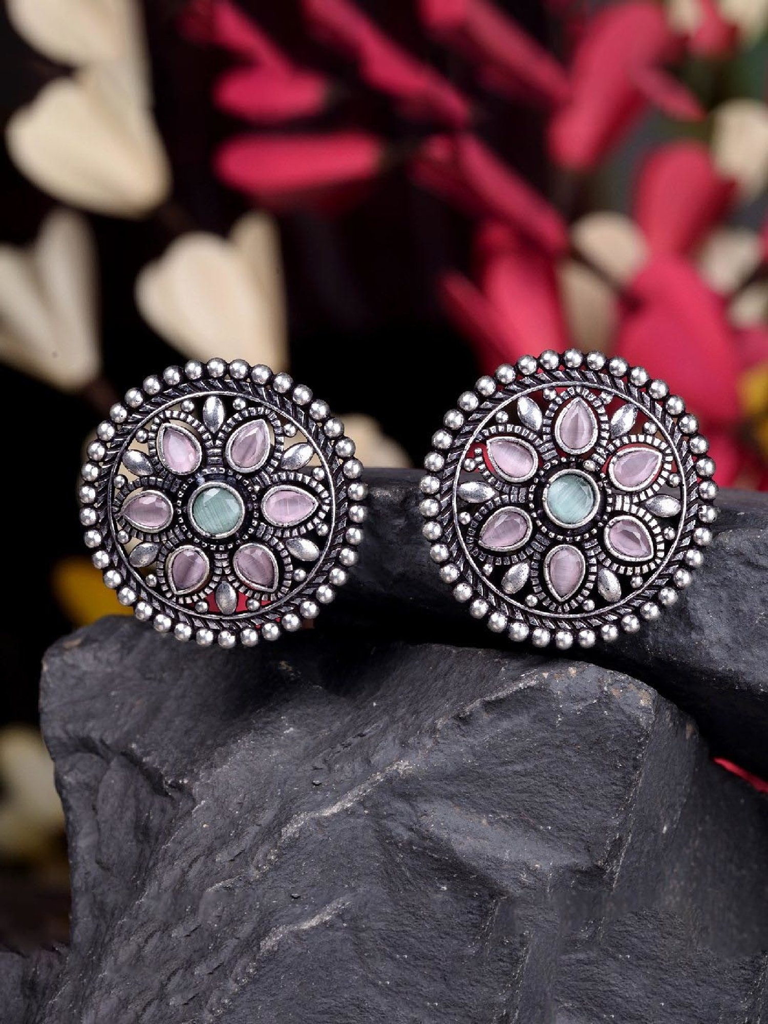 Saraf RS Jewellery Oxidised Silver Pink Mint Studds Earrings