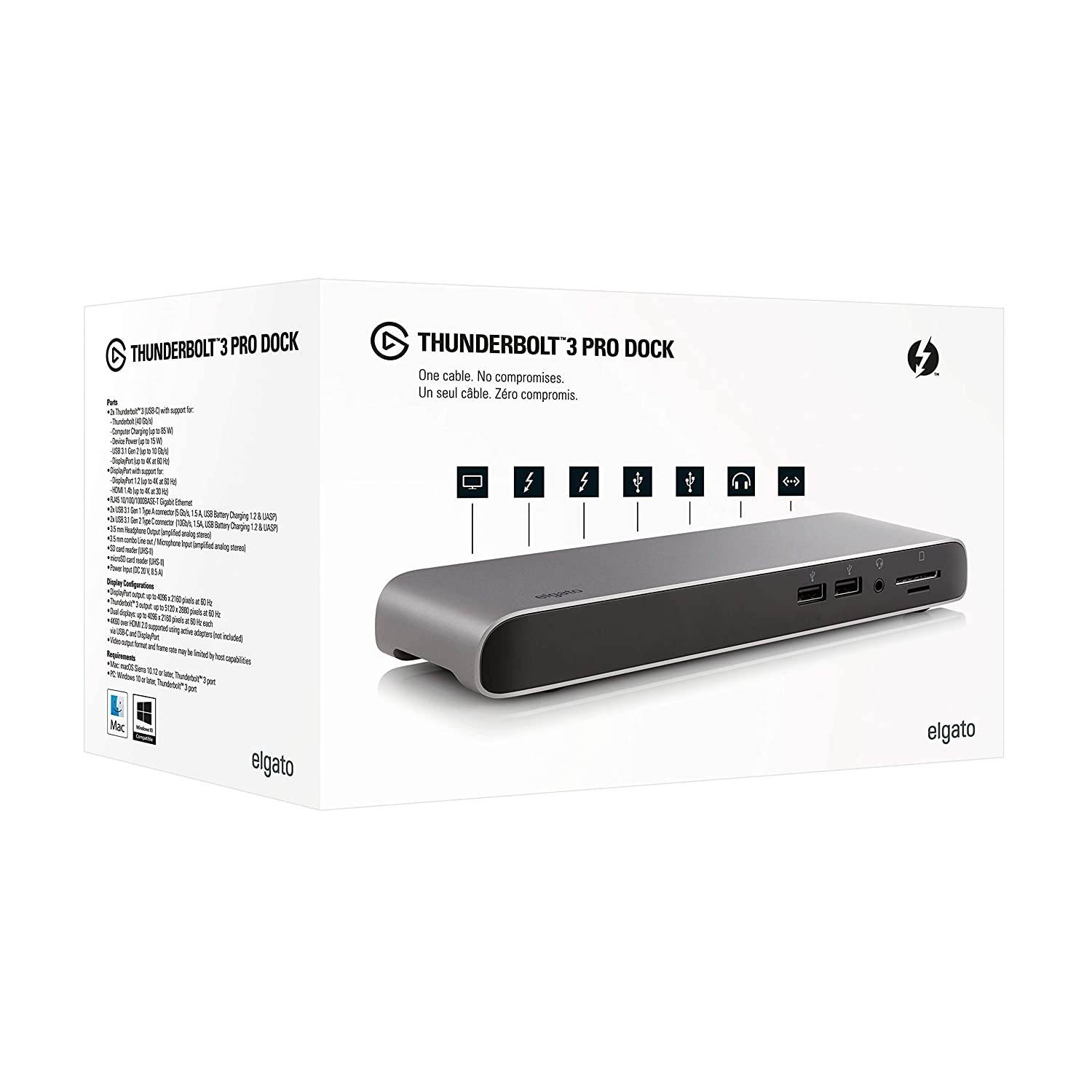Elgato Thunderbolt 3 Pro Dock &ndash; With 50 Cm Thunderbolt Cable, 40Gb/S, Dual 4K Support, 2x Thunderbolt 3 (USB C), 4x USB 3.0, SD/Micro SD Card Reader, Audio I/O, Gigabit Ethernet, Aluminum Chassis.