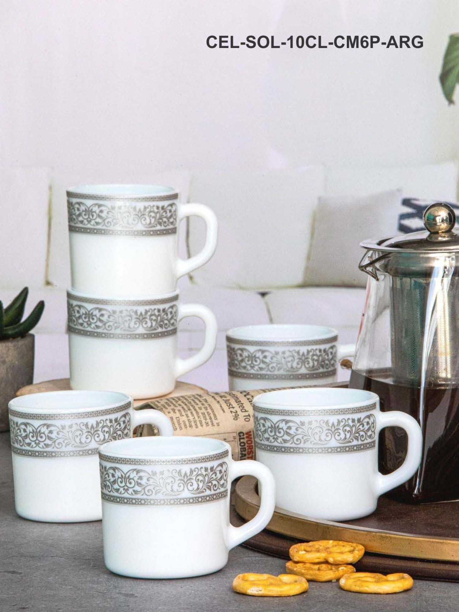 Cello White & Grey Opalware Solitaire Tea Mug (0.1 L) - Set of 6