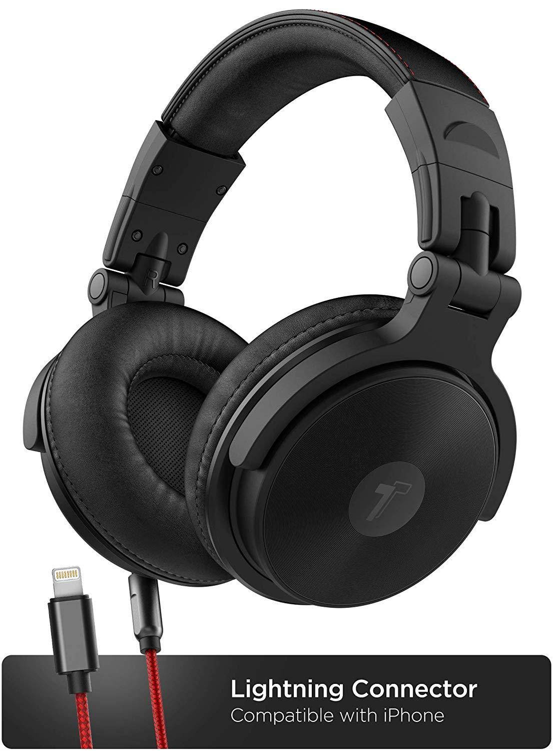 Thore Over Ear iPhone Headphones with Lightning Connector (Apple MFi Certified) &ndash; Closed Back Studio DJ Monitor Earphones (50mm Neodymium Drivers) (V200 Black/Red)