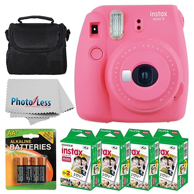 instax mini 9 Instant Film Camera (Flamingo Pink) +  Instax Mini Twin Pack Instant Film (80 Shots) + Camera Case + AA Batteries + Accessory Bundle