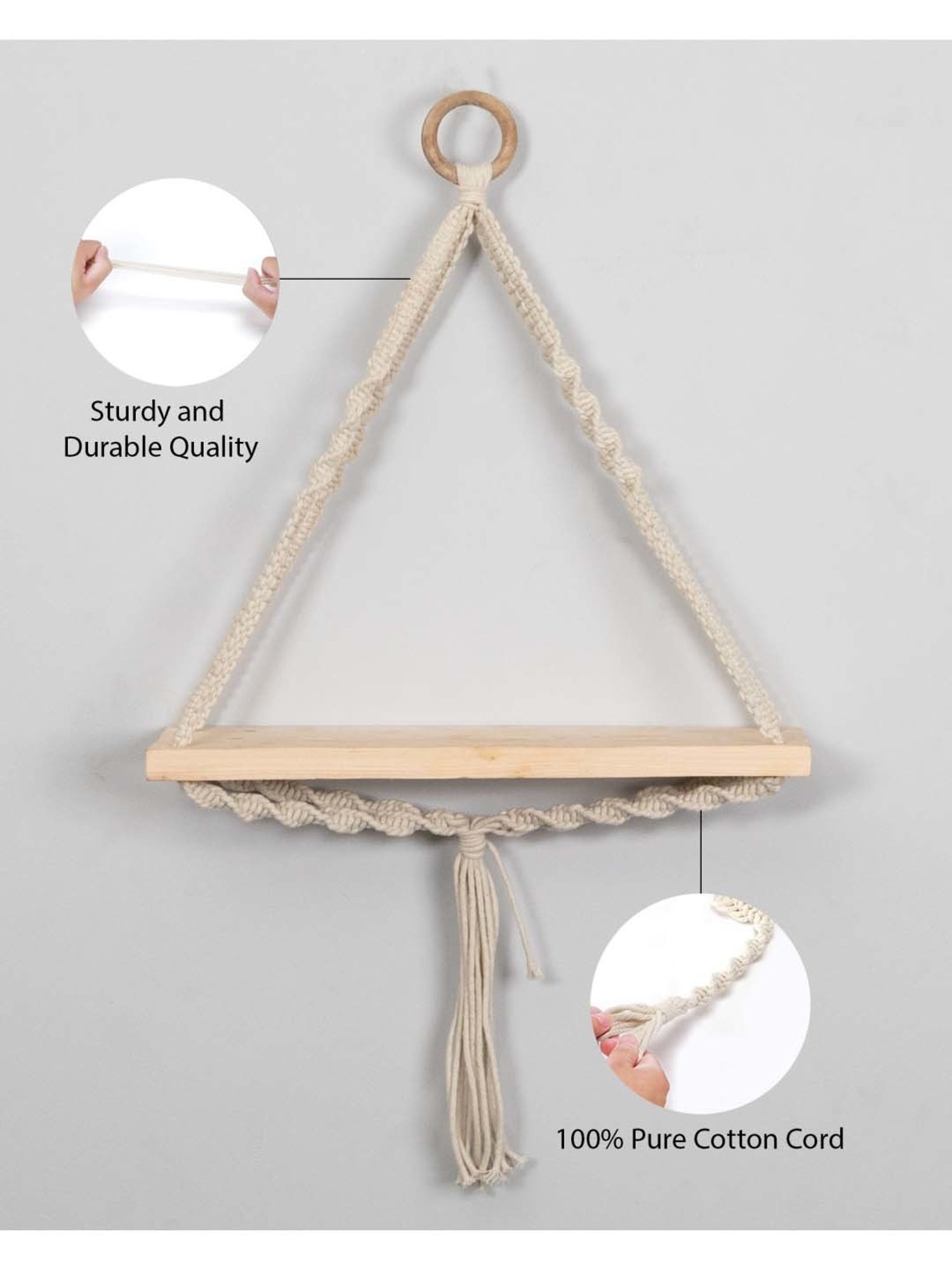 Homesake Macrame Beige Wood Wall Hanging Shelf