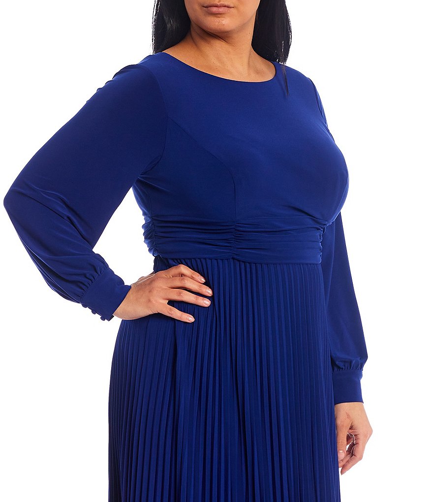 Jessica Howard Plus Size Long Sleeve Jewel Neck Ruched Pleat Skirt Midi Dress