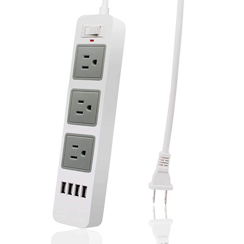 Strip White USB Strip with 2 Prong 66ft Extension Cord 3 AC Outlet Flat Plug Surge Protector for Workbench Nightstand Home Office and Hotel
