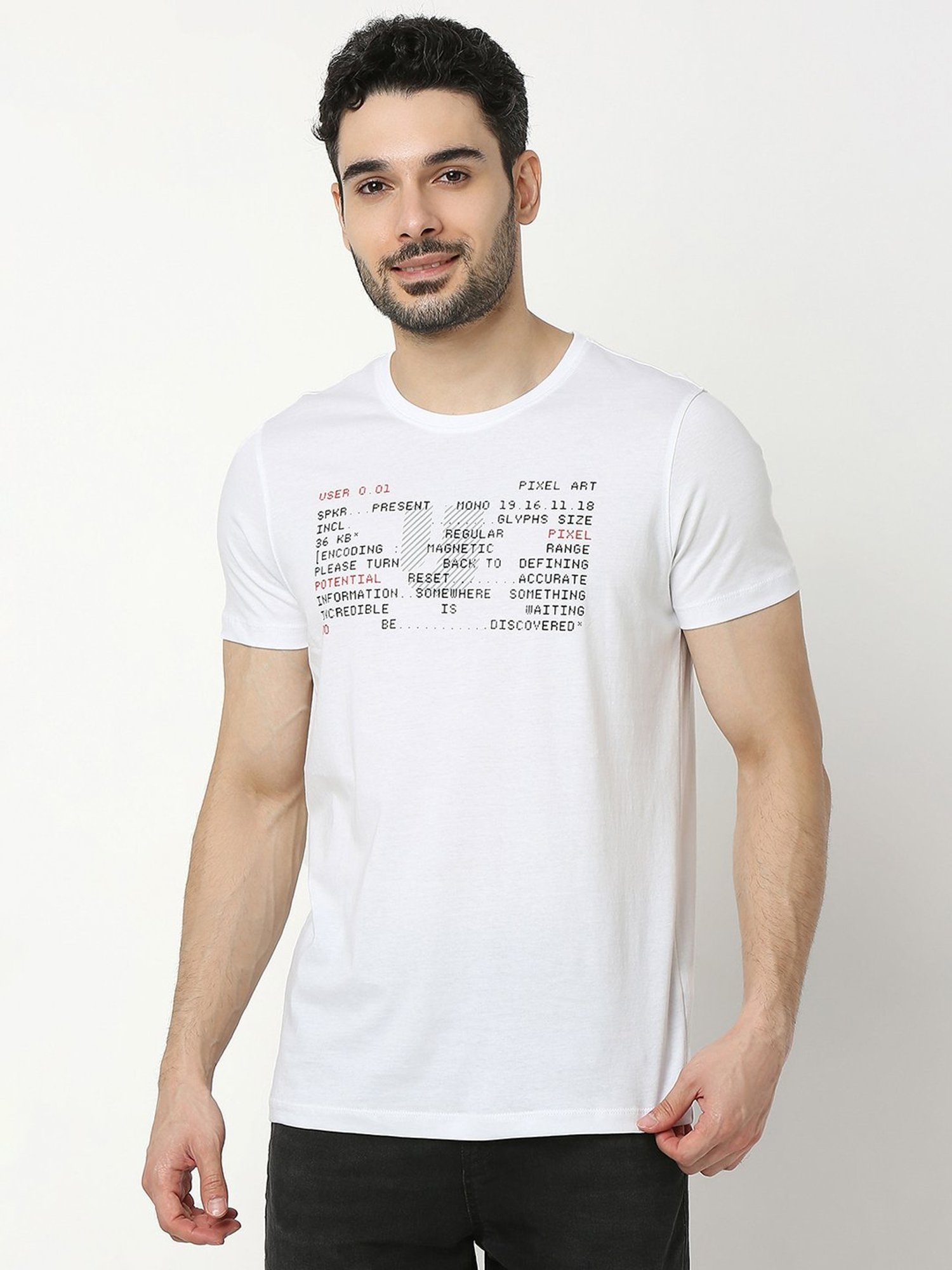 UnderJeans by Spykar White Regular Fit Printed Cotton Crew T-Shirt