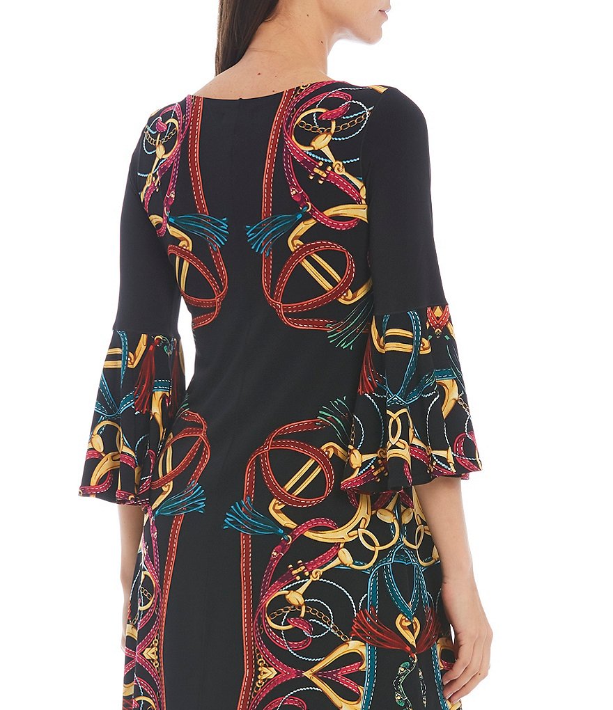 Eva Varro Mirrored Scarf Print Knit Ruffle Bell 3/4 Sleeve Boat Neck Dress