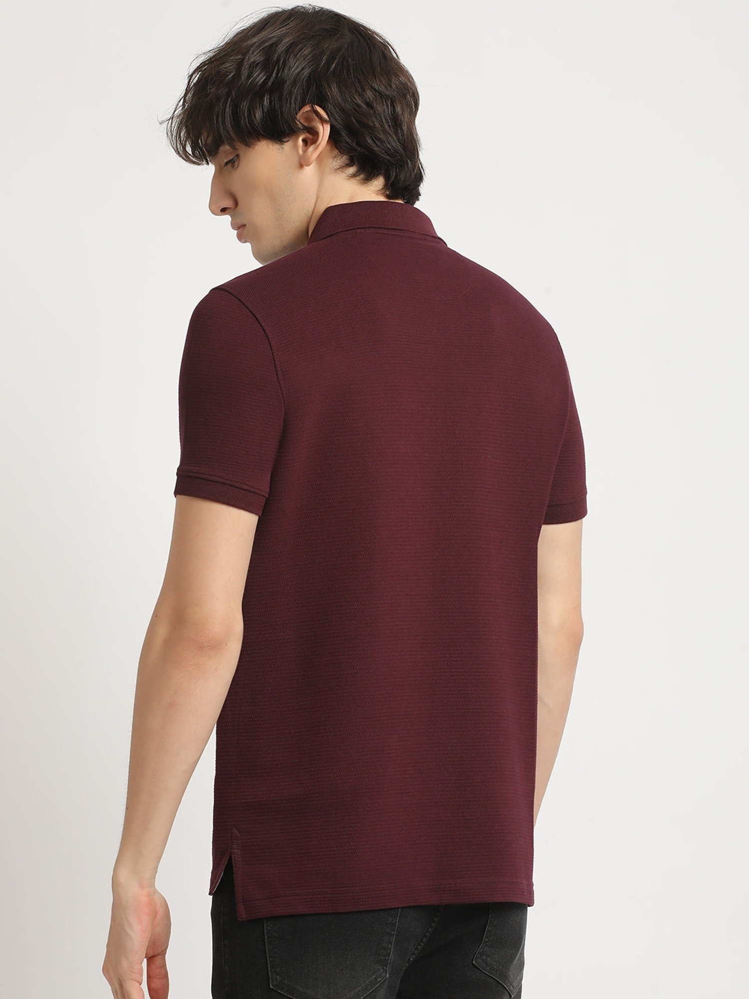 The Bear House Maroon Cotton Regular Fit Self Pattern Polo T-Shirt