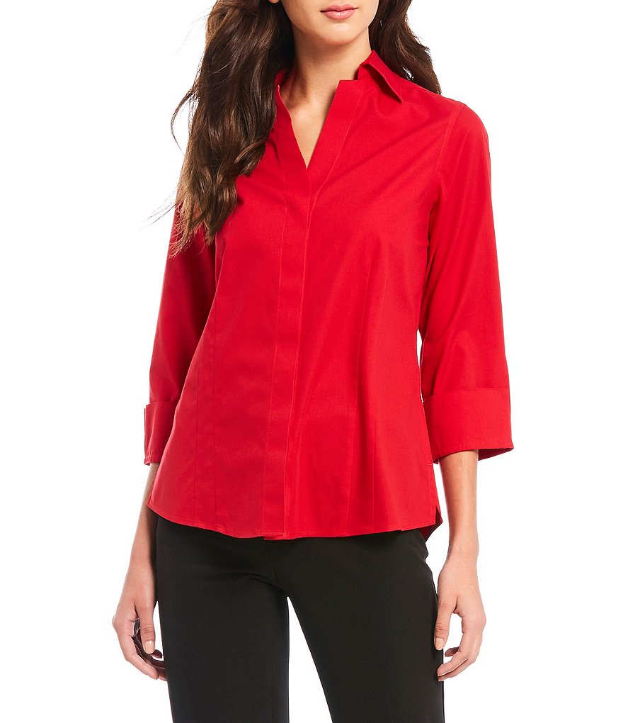 Investments Taylor Gold Label Non-Iron Point Collar Y-Neck 3/4 Sleeve Button Front Shirt