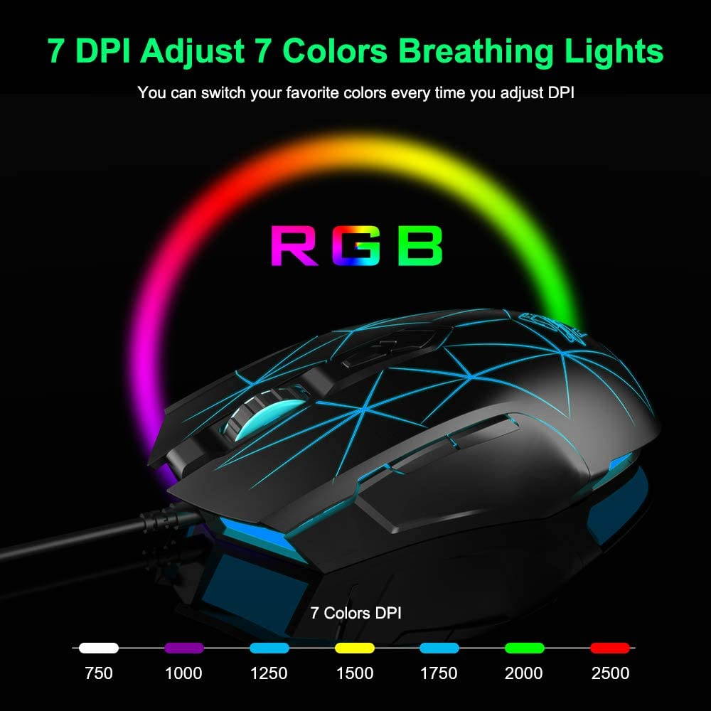 Gaming Mouse Wired, USB Optical Computer Mice with RGB Backlit, 2 Adjustable DPI Up to 2400, Ergonomic Gamer Laptop PC Mouse   for Windows 7/8/10/XP -Black