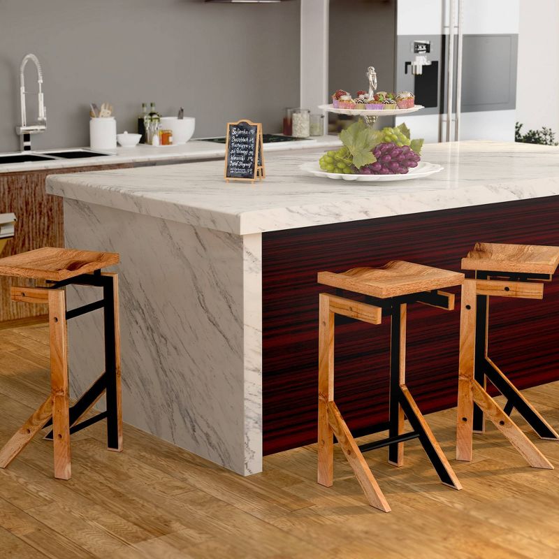 29" Metal Frame Acacia Wood Barstool with Saddle Seat Brown/Black - The Urban Port