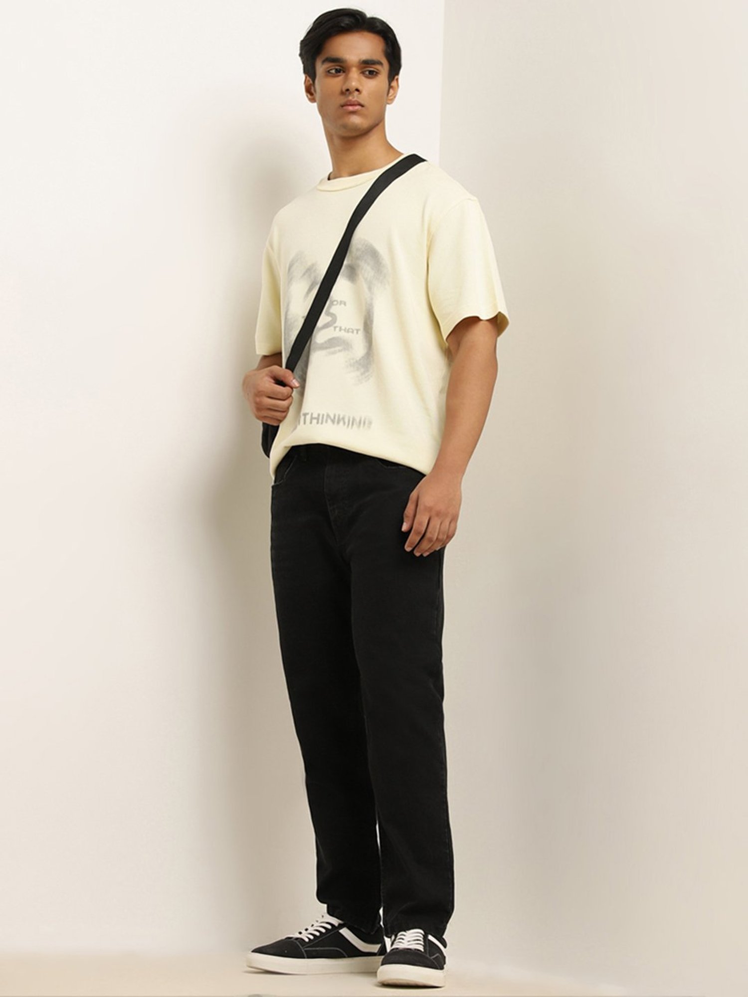 Nuon by Westside Light Yellow Text Print Relaxed-Fit Cotton T-Shirt