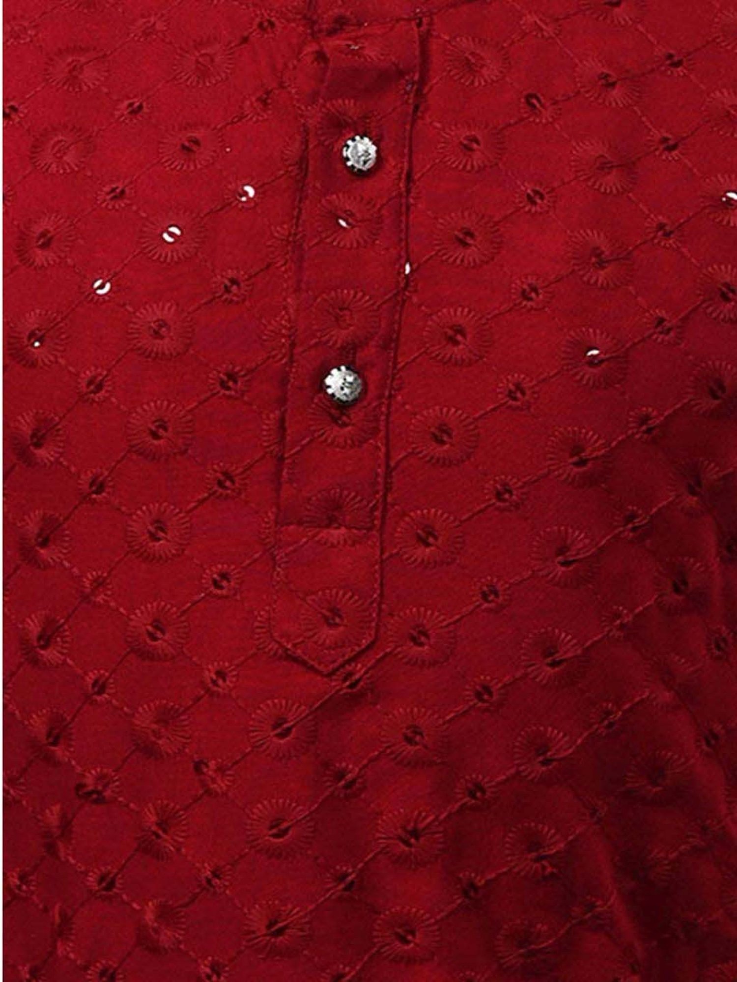 Ahhaaaa Kids Red & White Cotton Embroidered Full Sleeves Kurta Set