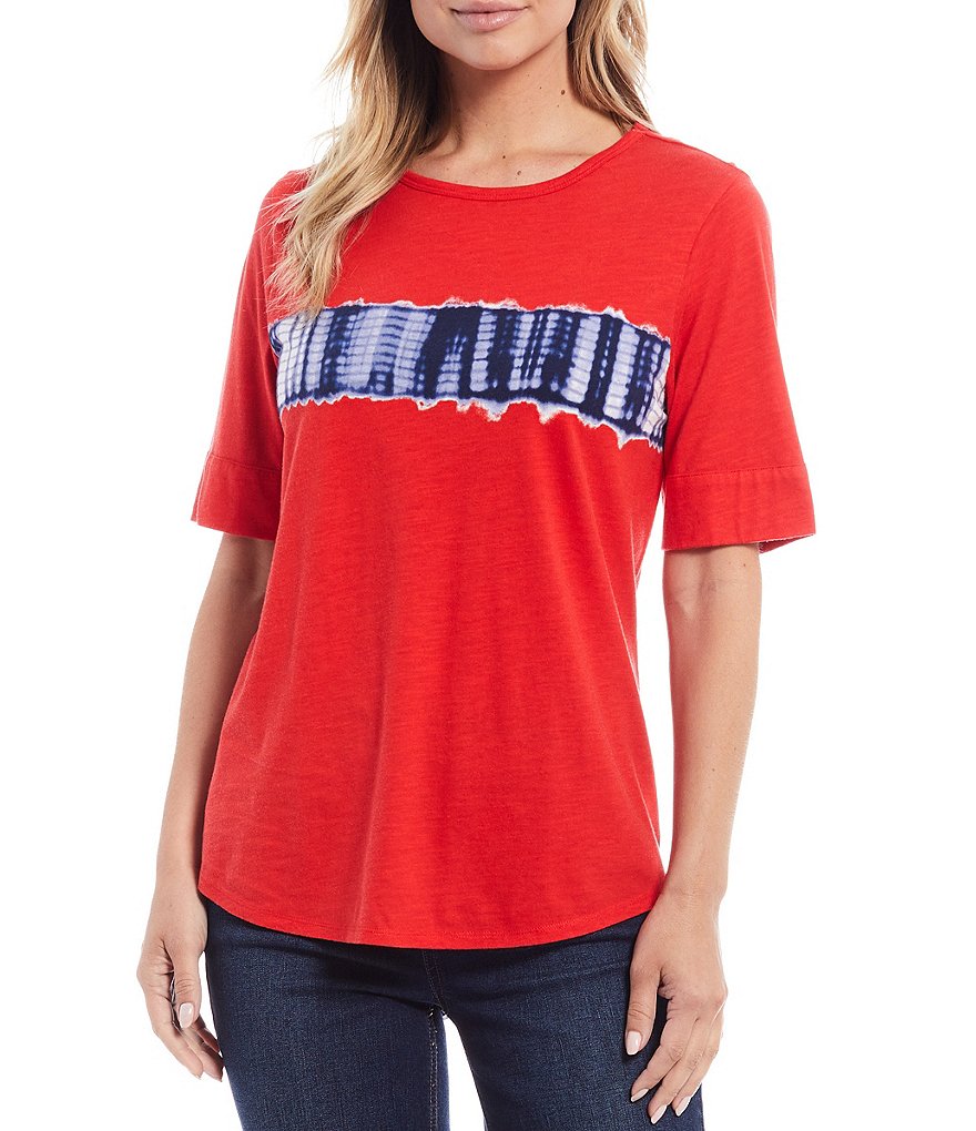 Westbound Petite Size Red Shibori Short Sleeve Crew Neck Cotton-Blend Tee