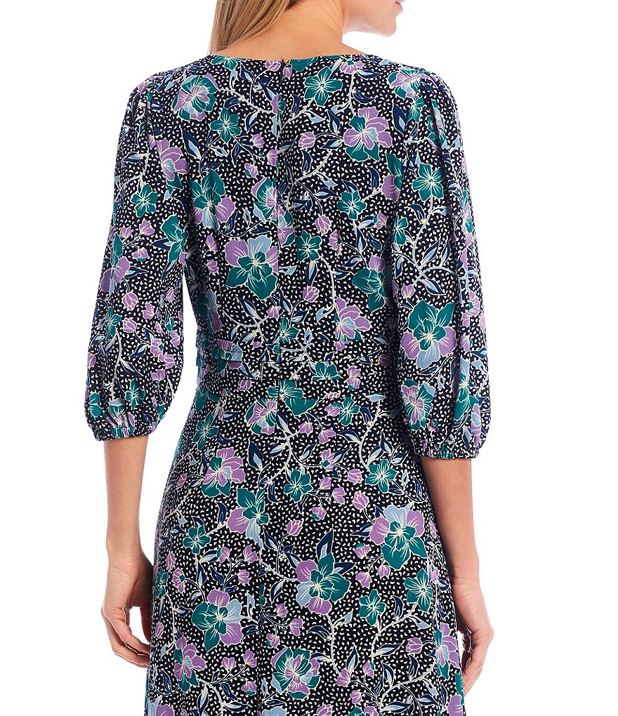 Maggy London V-Neck Floral Print Bubble Crepe Midi Dress