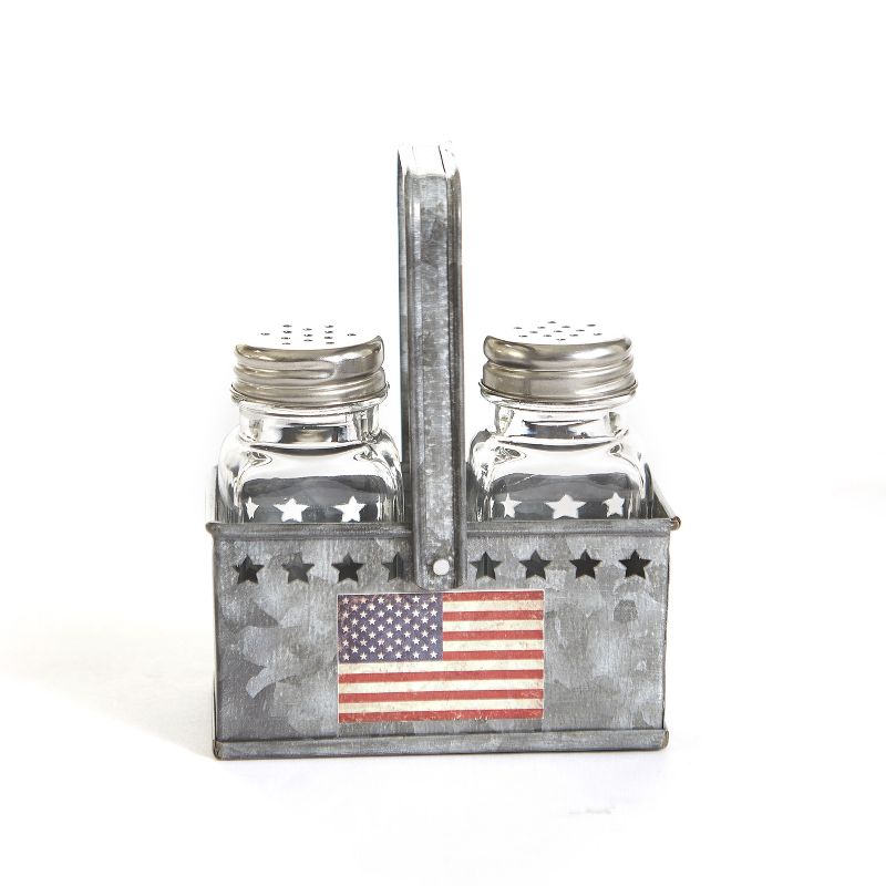 Lakeside Americana Salt and Pepper Shaker Metal Caddy Tray - 3 Pieces