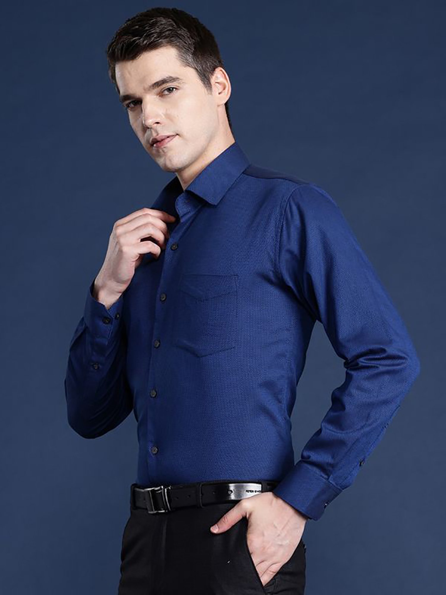 Hancock Navy Cotton Slim Fit Solid Shirts