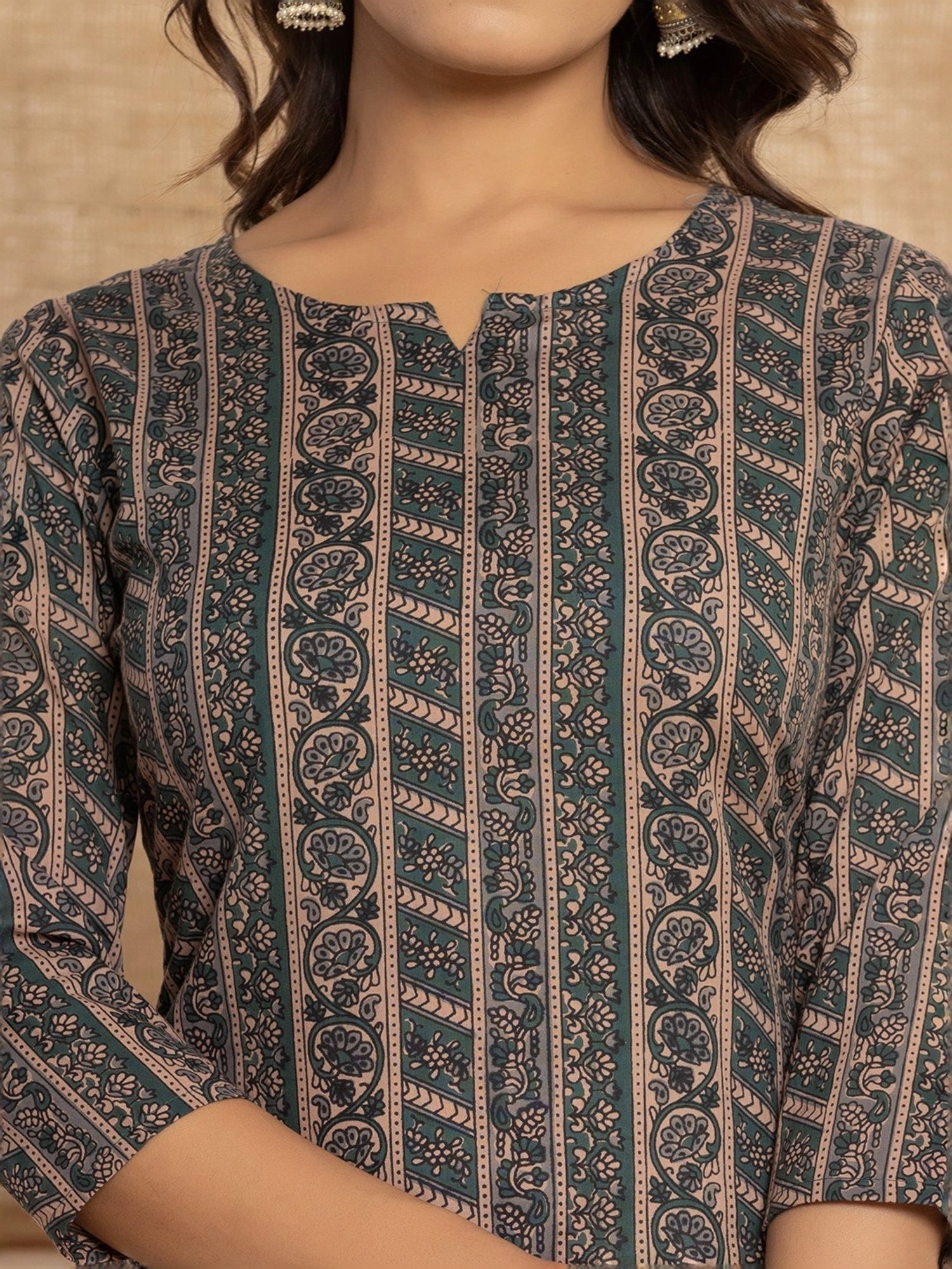 Yufta Teal Green Cotton Printed Kurta Harem Pant Set