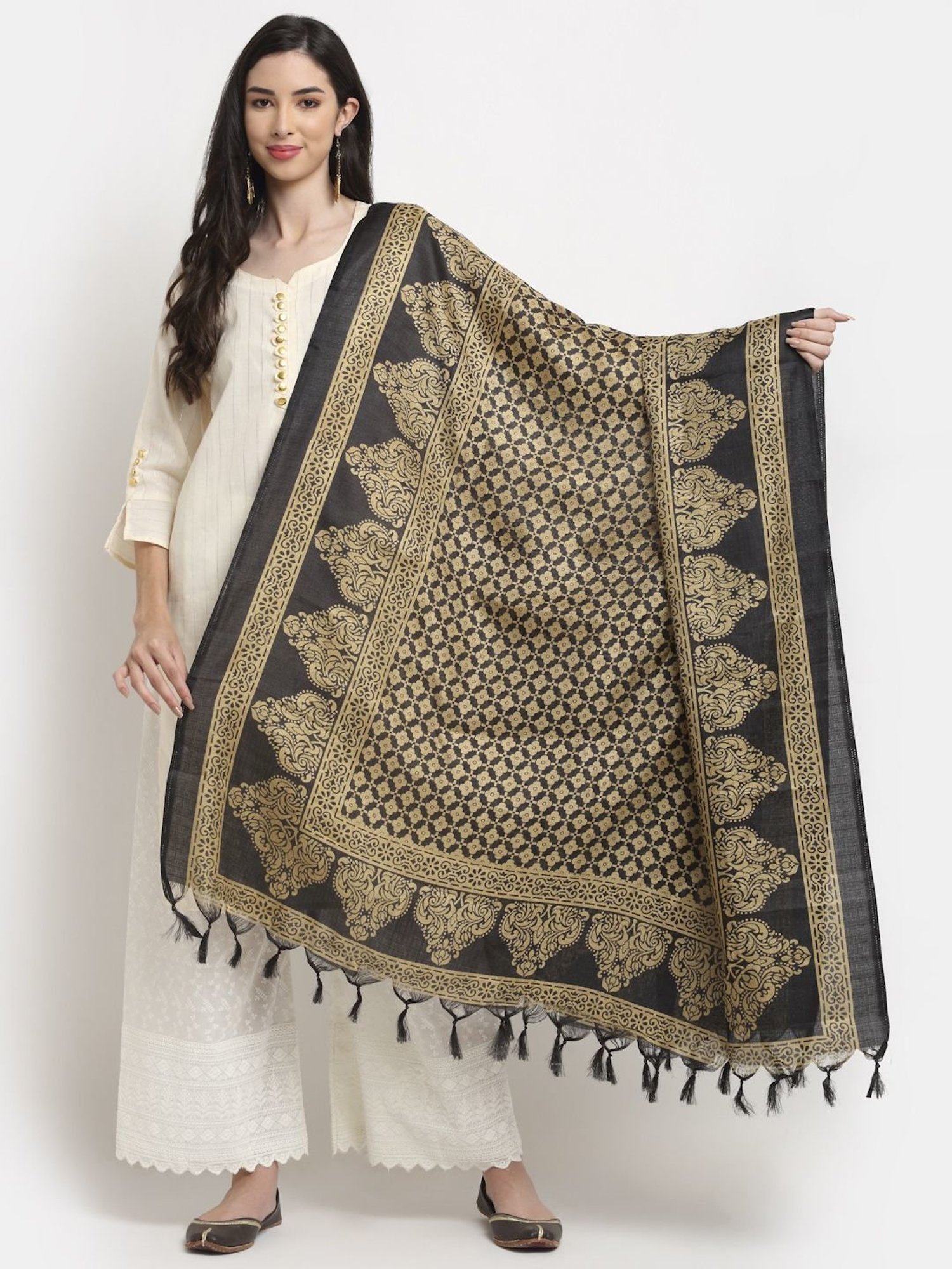 TAG 7 Beige & Black Printed Dupatta