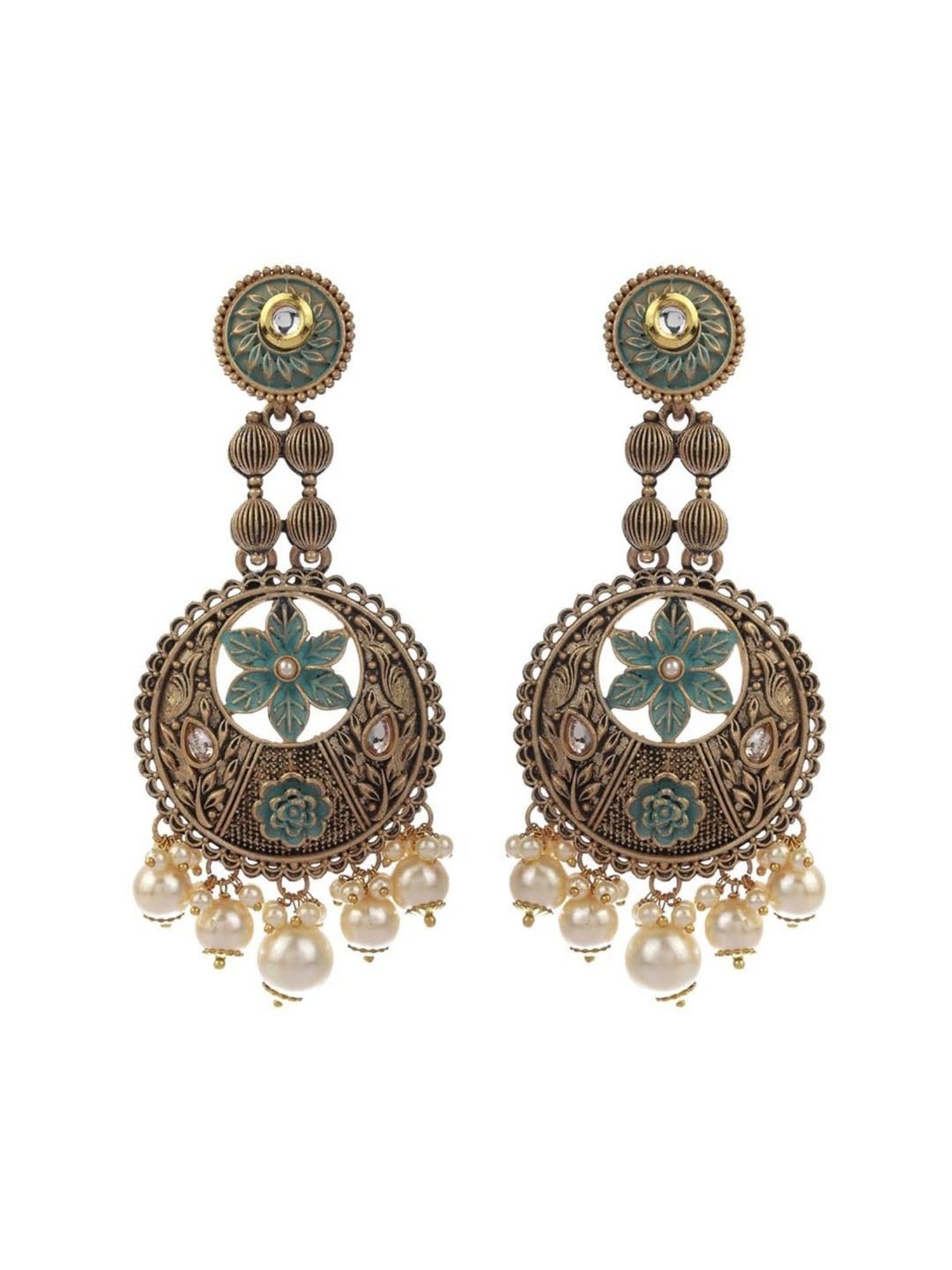 Priyaasi Floral Green & Golden Chand Bali Earrings