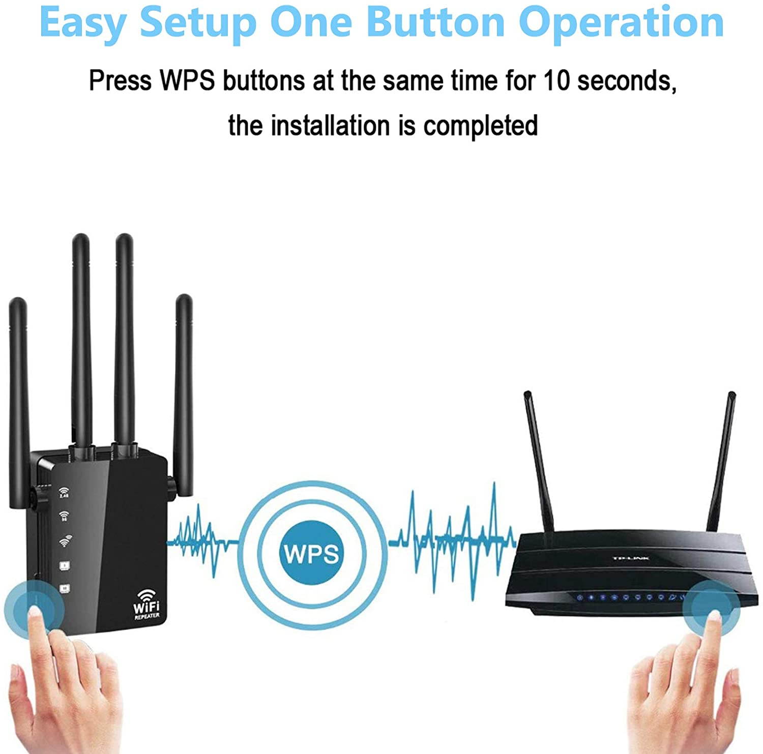 WiFi Range Extender 1200Mbps, AC1200 Wireless Signal Repeater Booster 2.4 & 5.8GHz Dual Band 4 Antennas 360 Degree Full Coverage Support One Button Setup with Ethernet Port Easy Setup