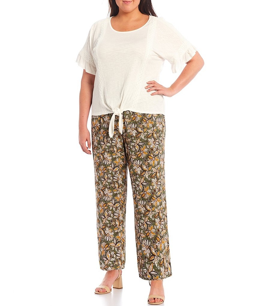 I.N. Studio Plus Size Floral Print Crepon Pull-On Palazzo Pants