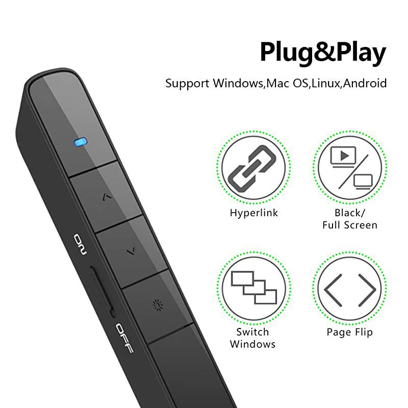 Rechargeable  N75RBK Wireless Presenter Rechargeable with 300 ft Long Control Distance Hyperlink USB Powerpoint Remote Presentation Clicker Laser Pointer Rechargeable 24GHz BBlack