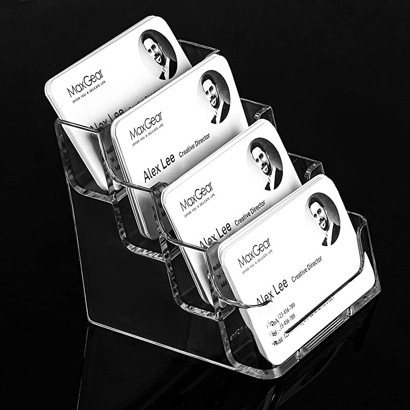 Clear Business Card Holder 4 Pocket Business Card Display, Business Card Stand for Desk or Counter with 4 Tier, 160 Card Capacity, 2 Pack