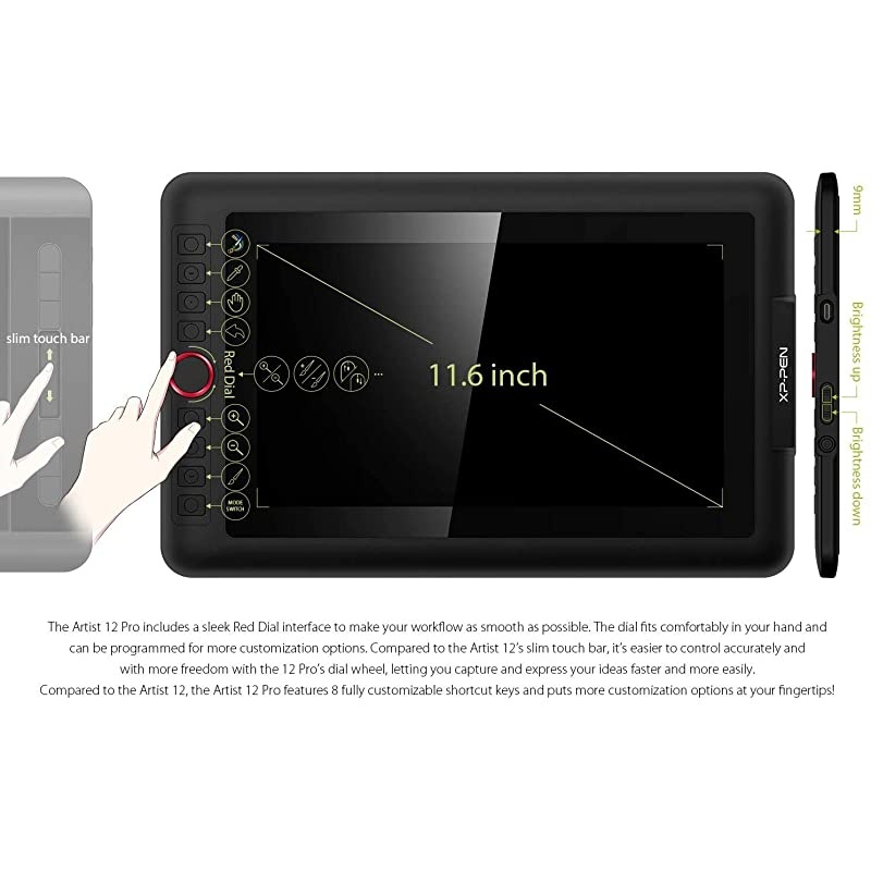 Artist12 Pro 11.6 Inch Drawing Monitor Pen Display Full-Laminated Graphics Drawing Tablet with Tilt Function Battery-Free Stylus and 8 Shortcut Keys(8192 Levels Pen Pressure and 72% NTSC)