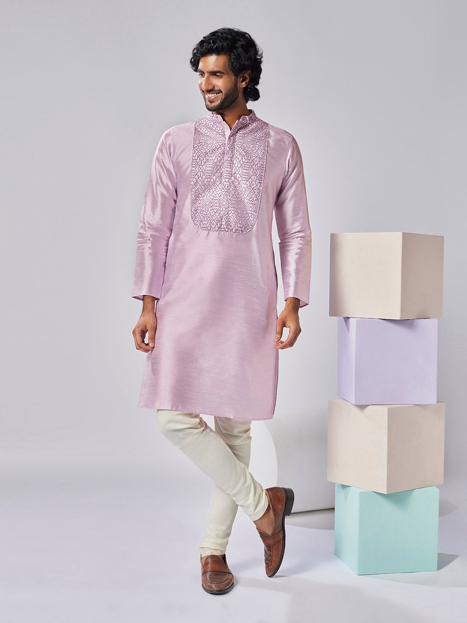 KISAH Lavender & Cream Regular Fit Embroidered Kurta & Churidar Set