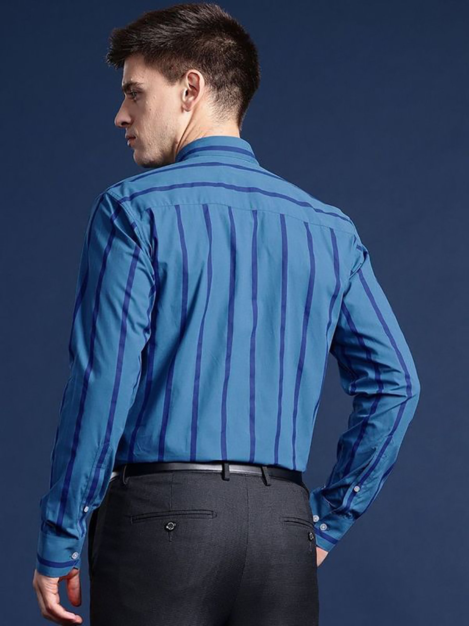 Hancock Blue Cotton Slim Fit Stripes Shirts