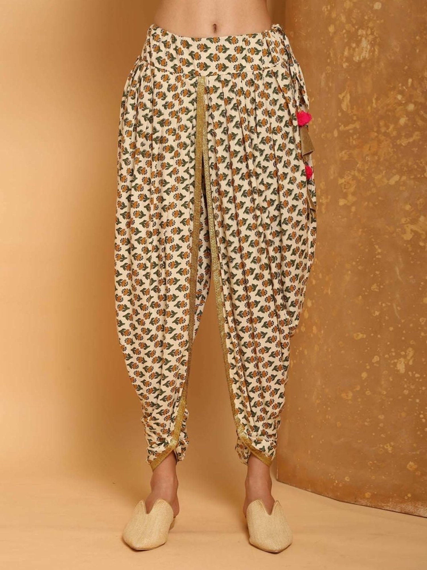 Kaanchie Nanggia Off White Cotton Floral Dhoti Pants