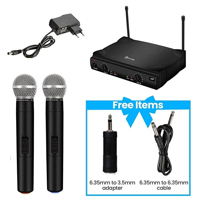 UHF Wireless Microphone System  Dual Channel Handheld Wireless Microphone with Professional Karaoke Receiver and 2 Handheld Dynamic Mics Set for Home Party KTV Meeting Wedding Church